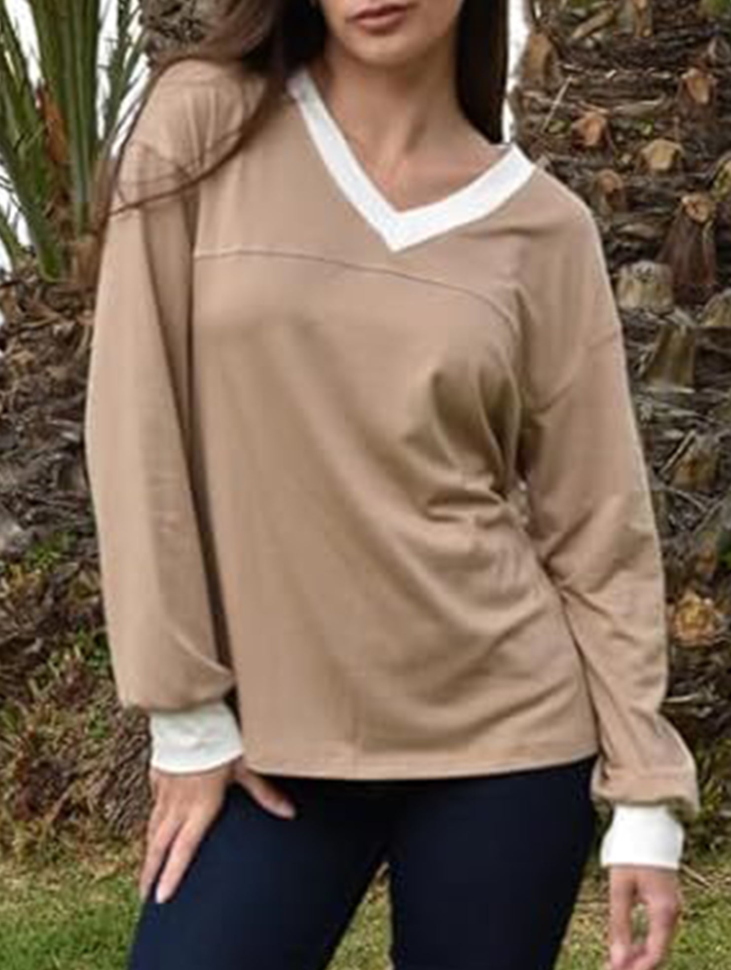 Contrast V Neck Loose Sweatshirt