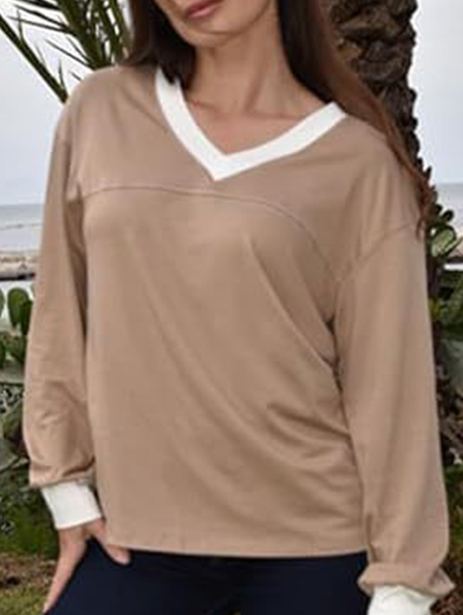 Contrast V Neck Loose Sweatshirt