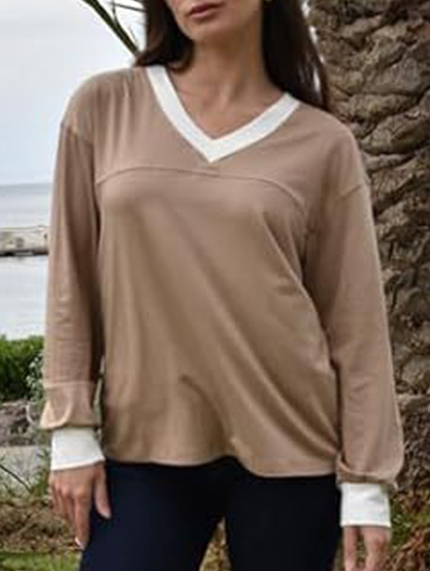 Contrast V Neck Loose Sweatshirt