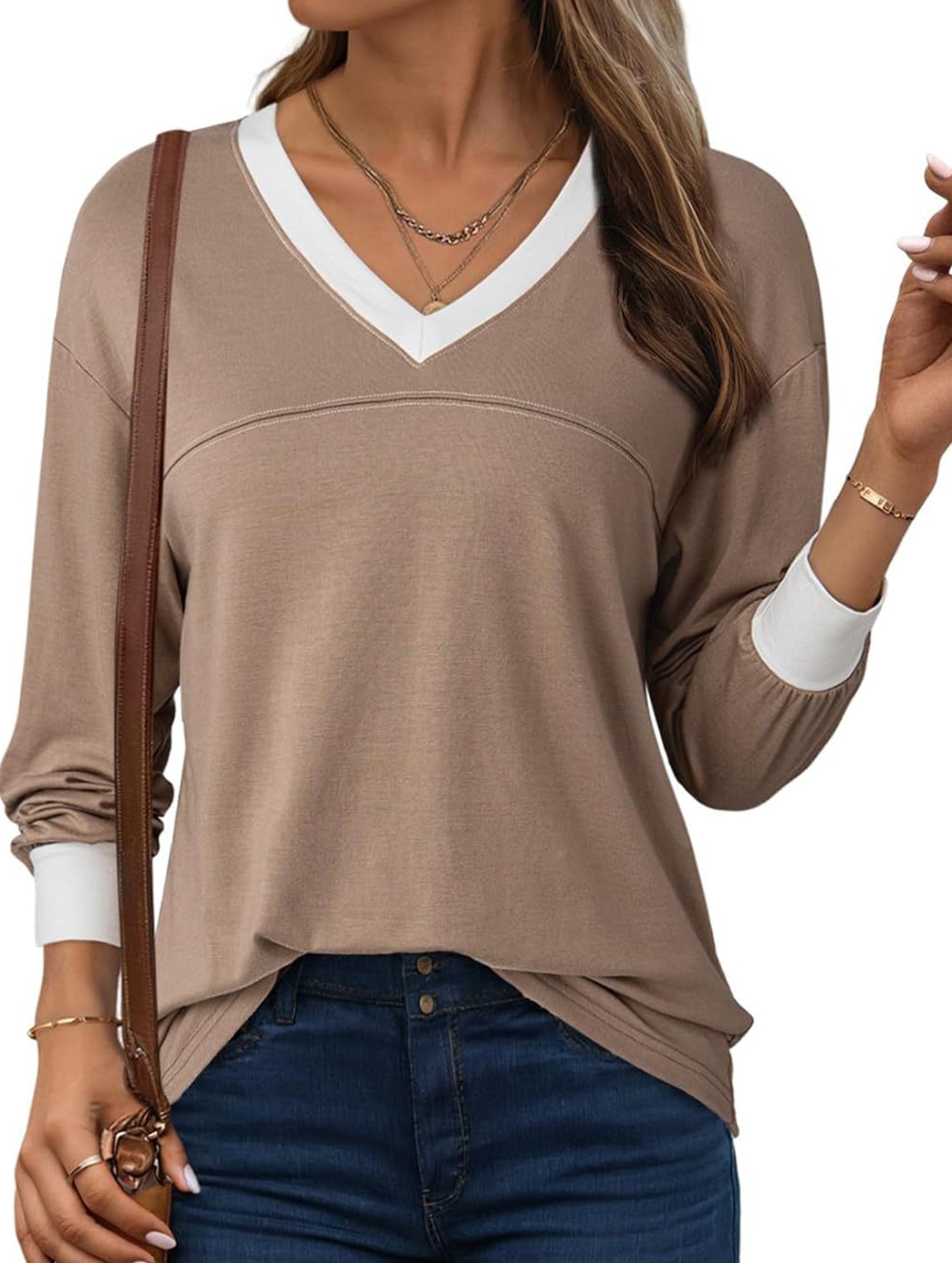 Contrast V Neck Loose Sweatshirt