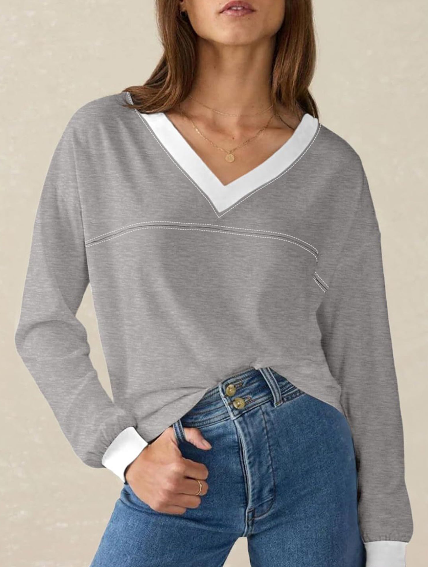Contrast V Neck Loose Sweatshirt