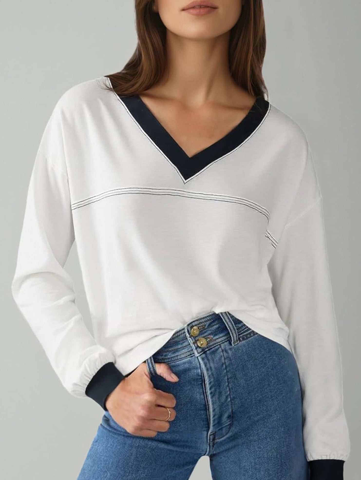 Contrast V Neck Loose Sweatshirt