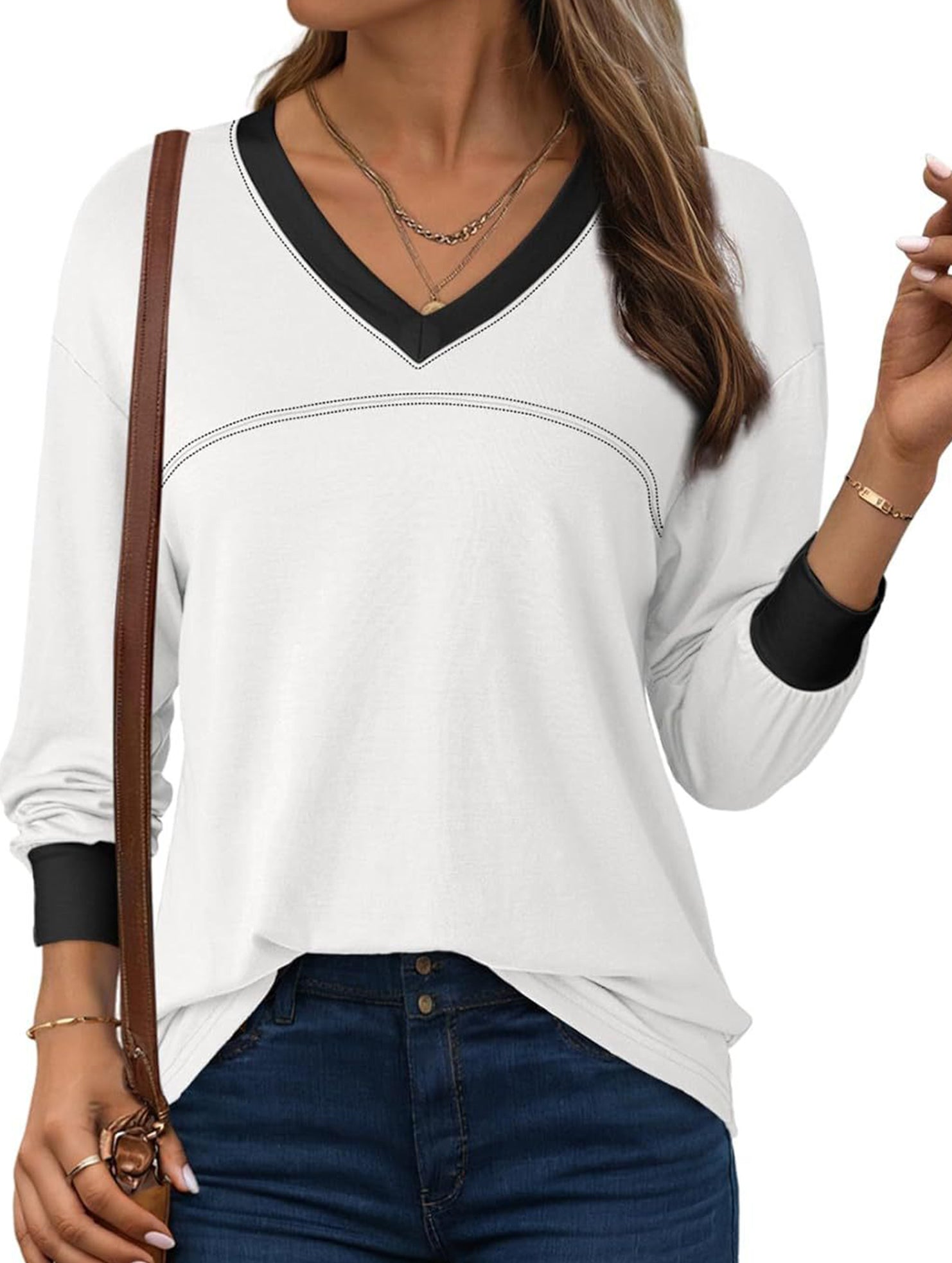 Contrast V Neck Loose Sweatshirt