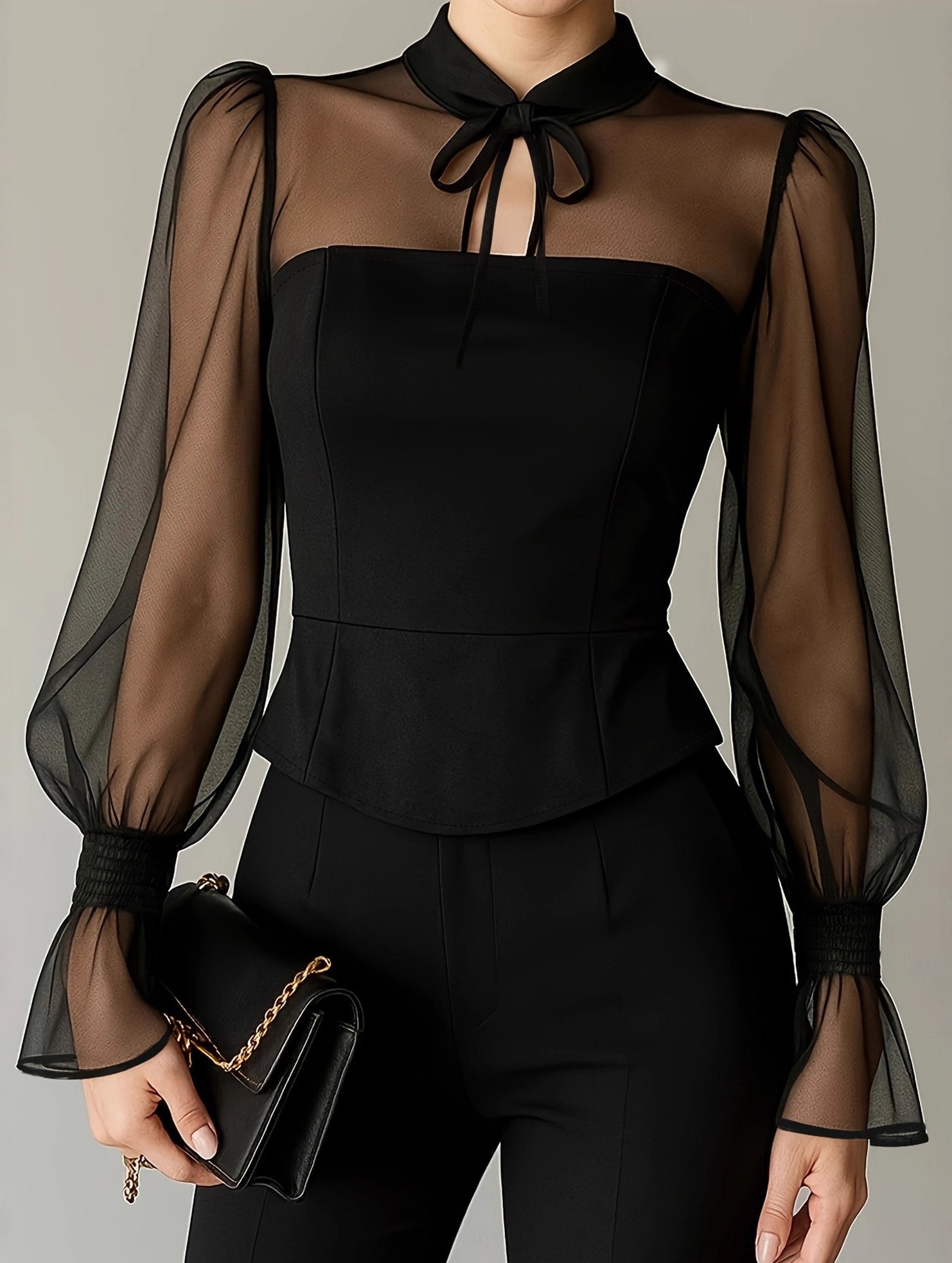 Tie Neck Puff Sleeve Blouse