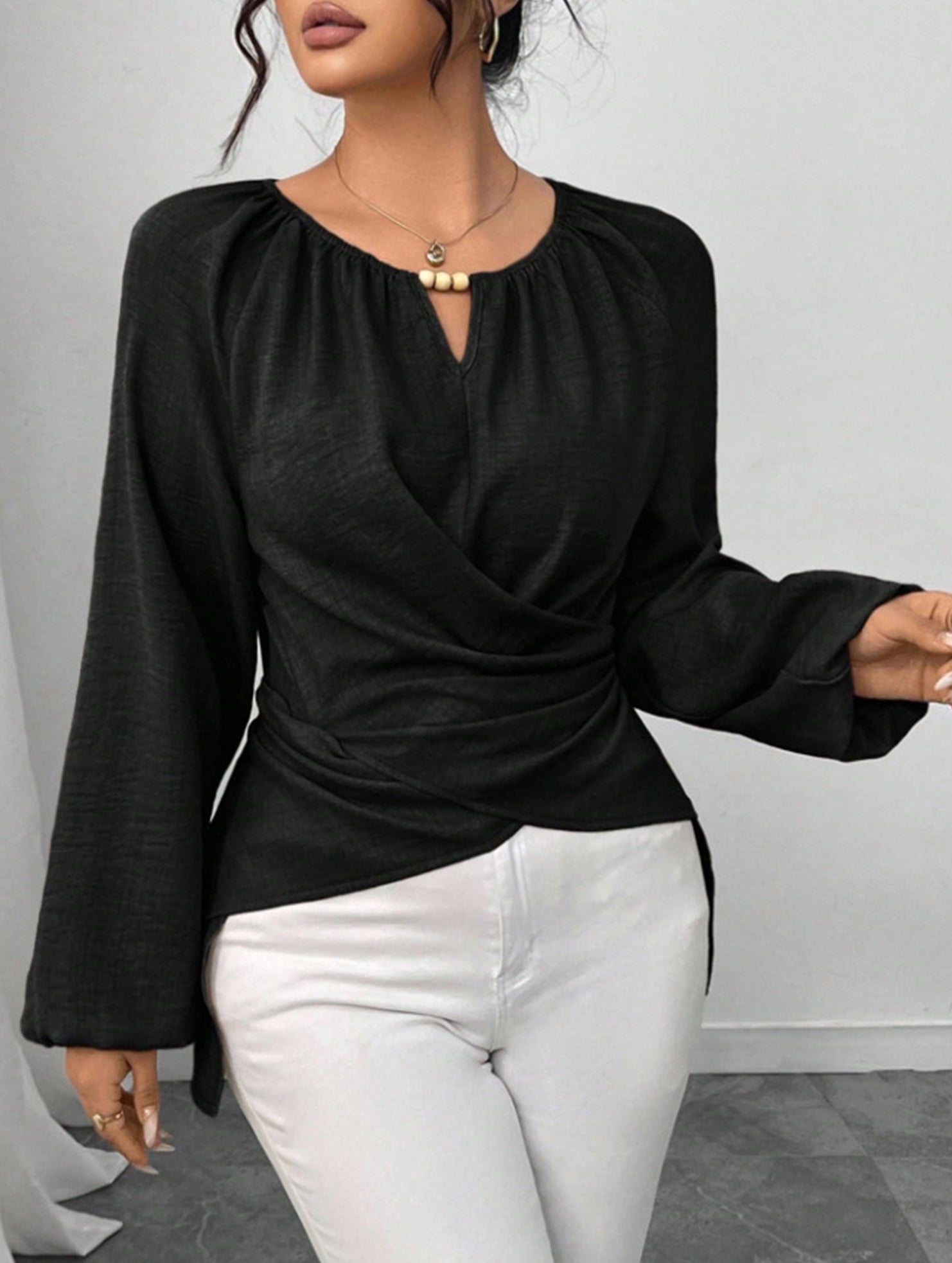 Tie Hem Irregular Long Sleeve Tee