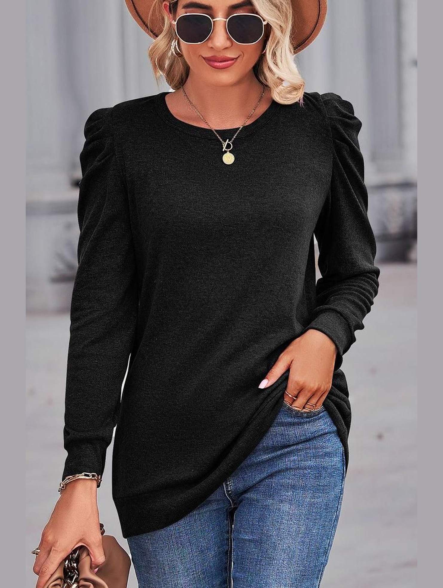 WOMEN LOOSE FIT SHIRRED PUFF SLEEVE PULLOVER TOP - Doublju
