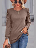 WOMEN LOOSE FIT SHIRRED PUFF SLEEVE PULLOVER TOP - Doublju