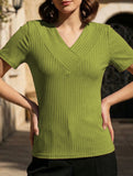 Plus Size V Neck Ribbed Short Sleeve T Shirt