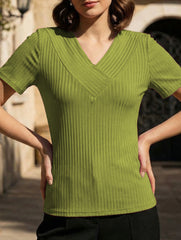 Plus Size V Neck Ribbed Short Sleeve T Shirt