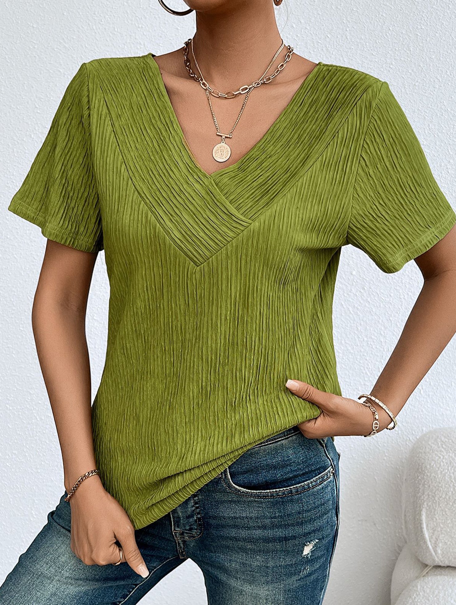 Plus Size V Neck Ribbed Short Sleeve T Shirt