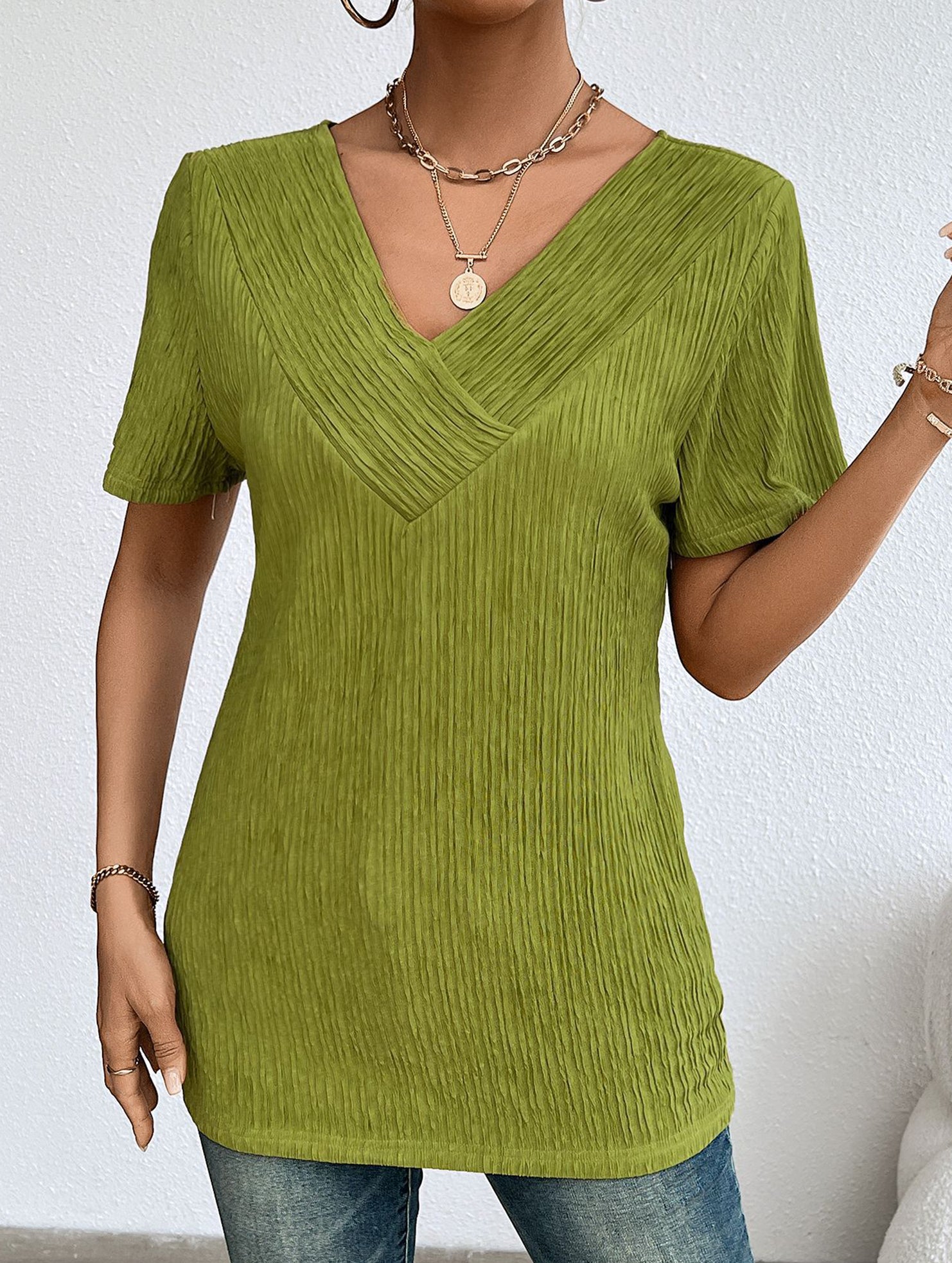 Plus Size V Neck Ribbed Short Sleeve T Shirt