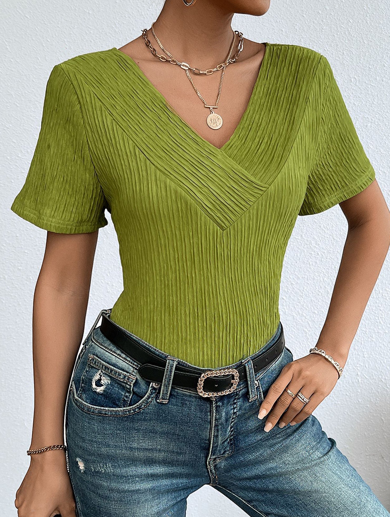 Plus Size V Neck Ribbed Short Sleeve T Shirt