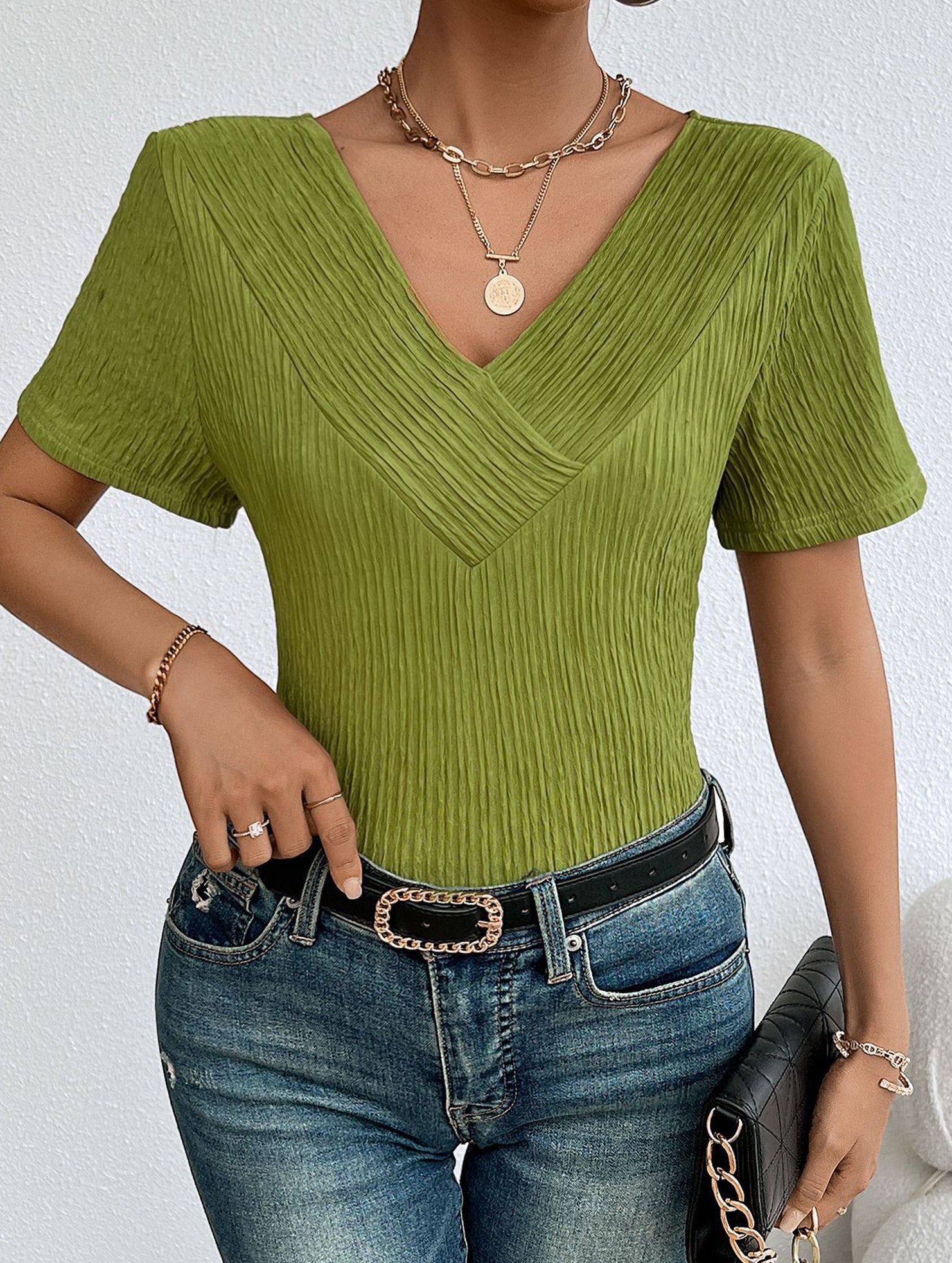 Plus Size V Neck Ribbed Short Sleeve T Shirt