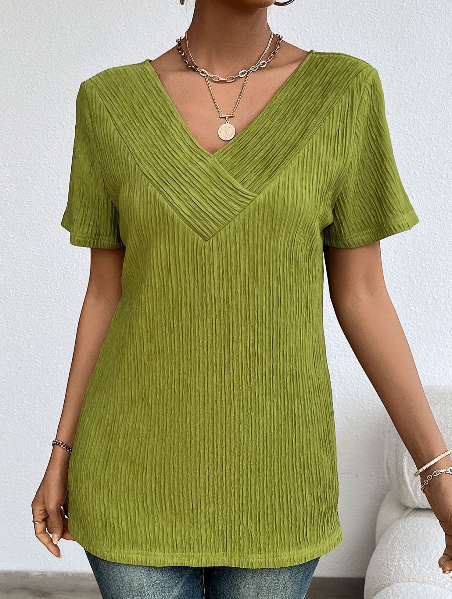 Plus Size V Neck Ribbed Short Sleeve T Shirt