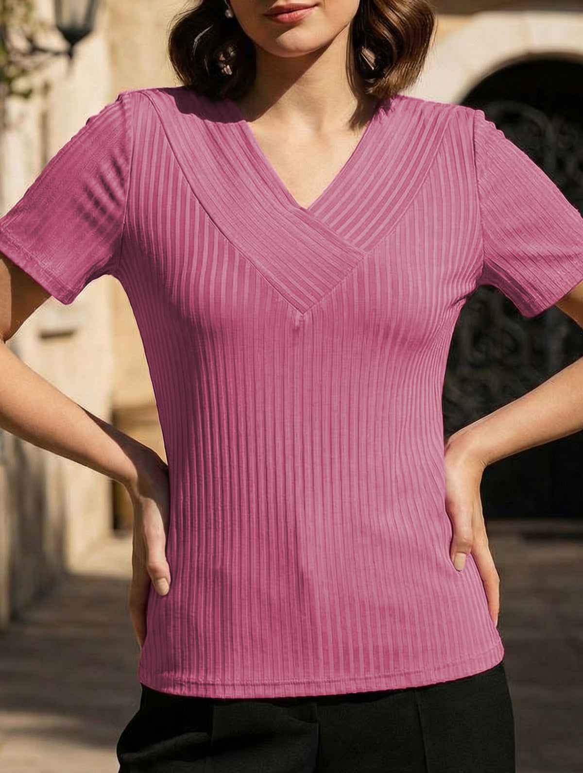 Plus Size V Neck Ribbed Short Sleeve T Shirt