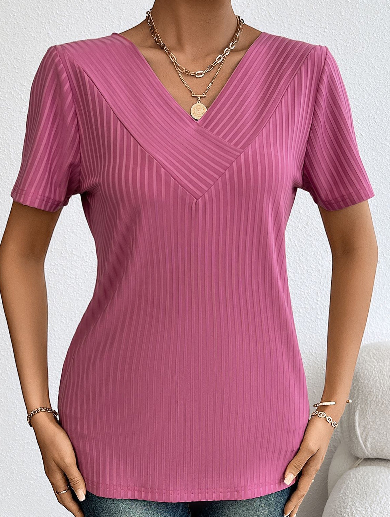 Plus Size V Neck Ribbed Short Sleeve T Shirt