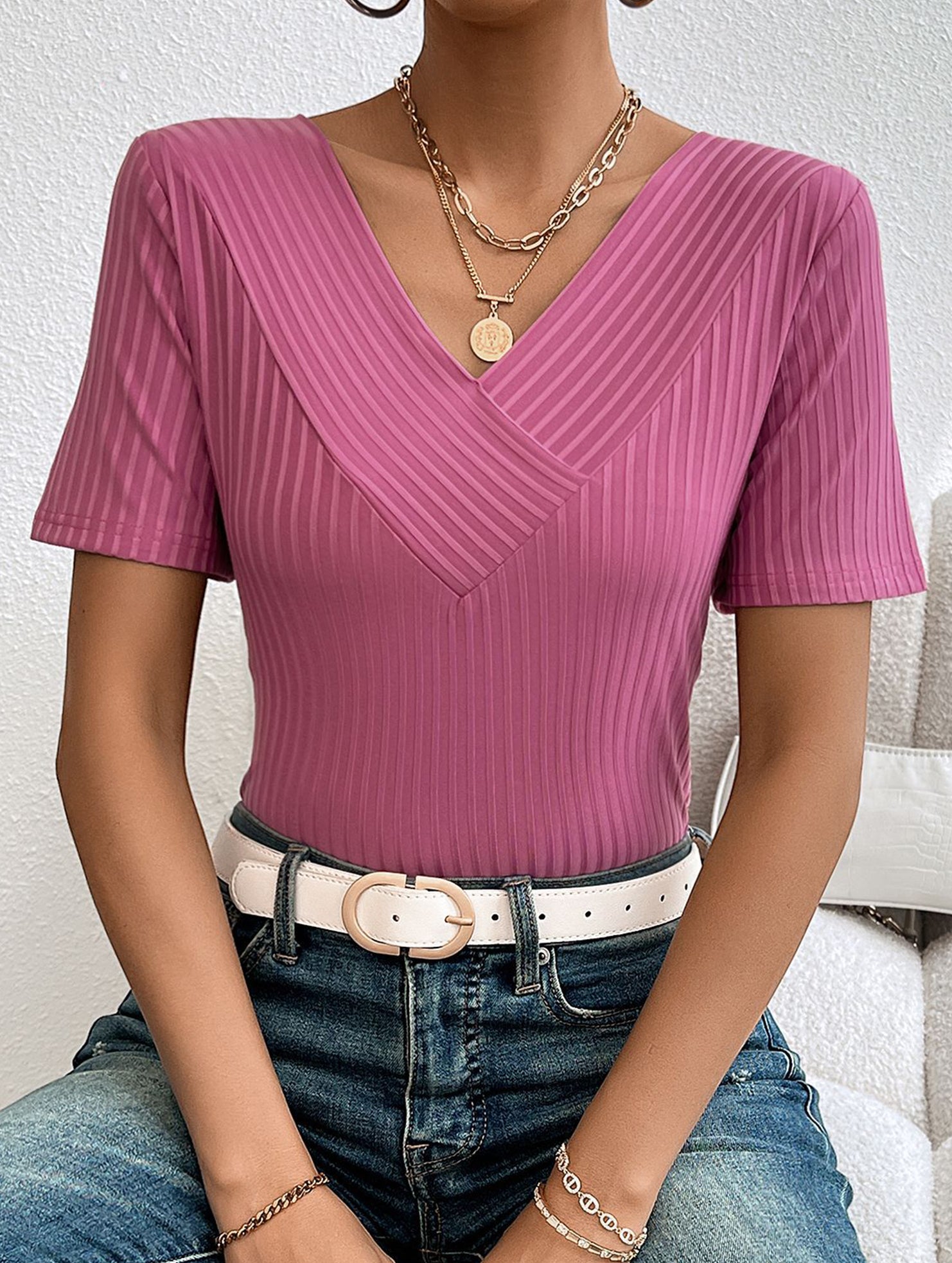 Plus Size V Neck Ribbed Short Sleeve T Shirt