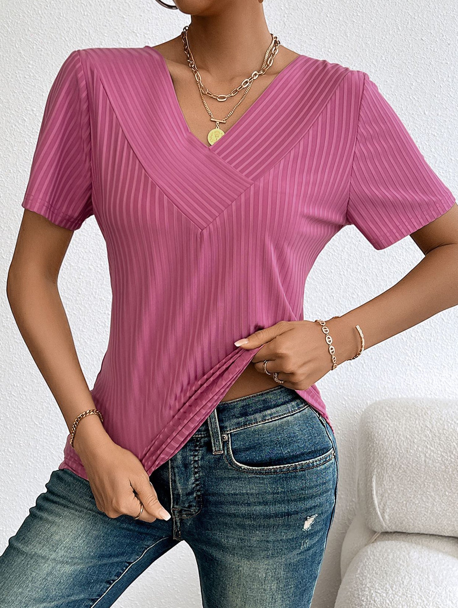 Plus Size V Neck Ribbed Short Sleeve T Shirt