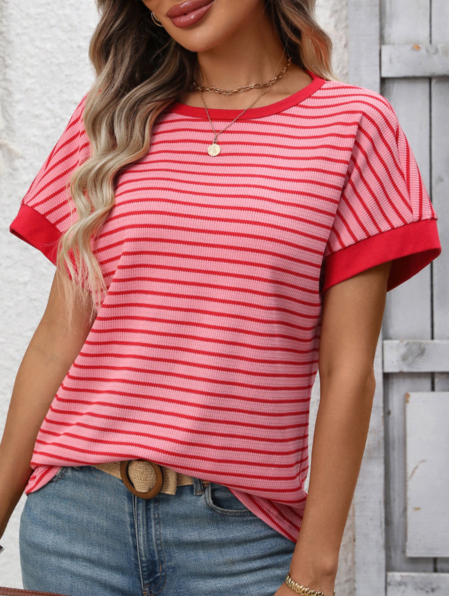 Crew Neck Patchwork Short Sleeve T Shirt