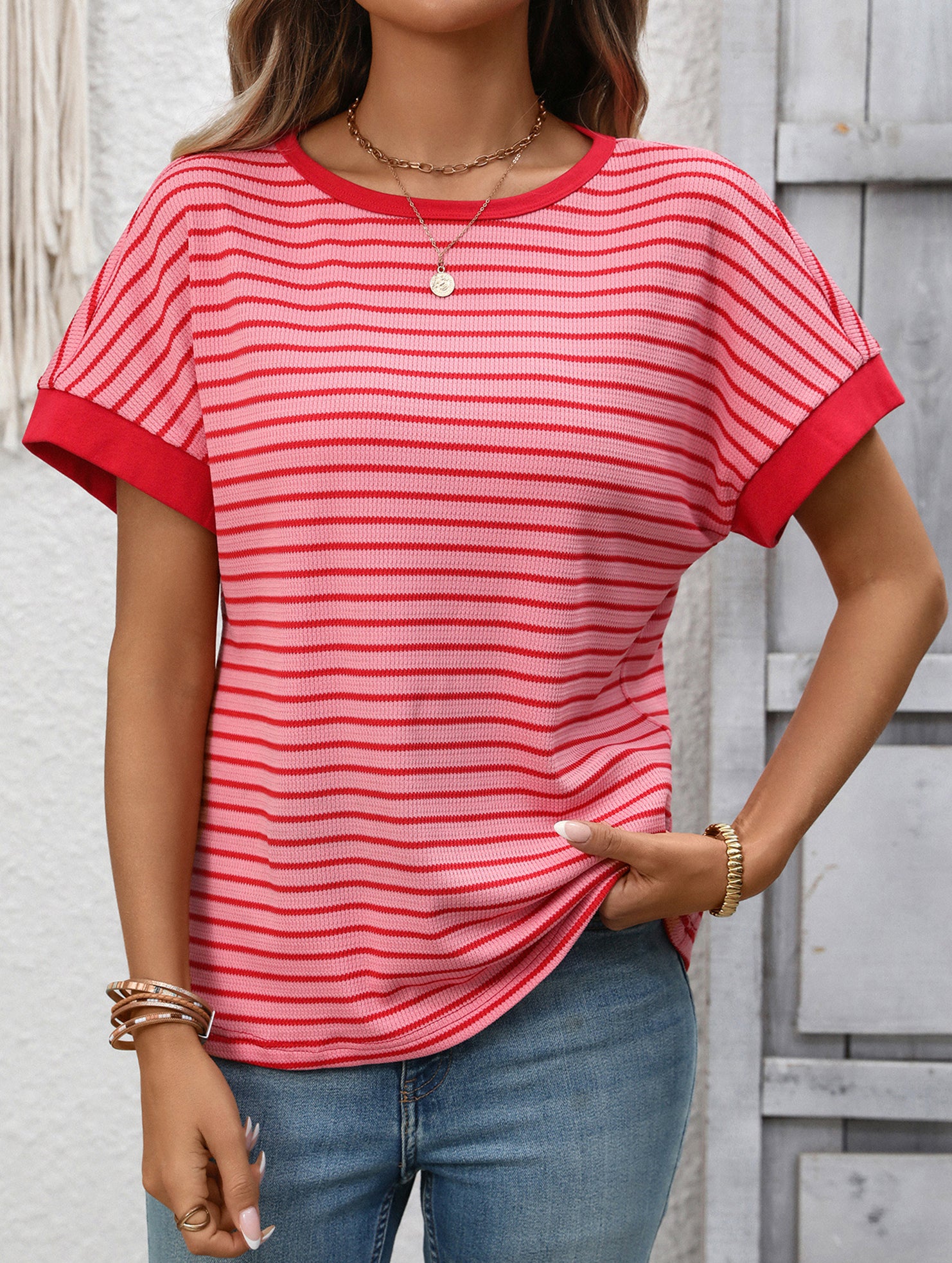 Crew Neck Patchwork Short Sleeve T Shirt