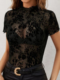 Mesh Flocked Stand Collar Short Sleeve Top