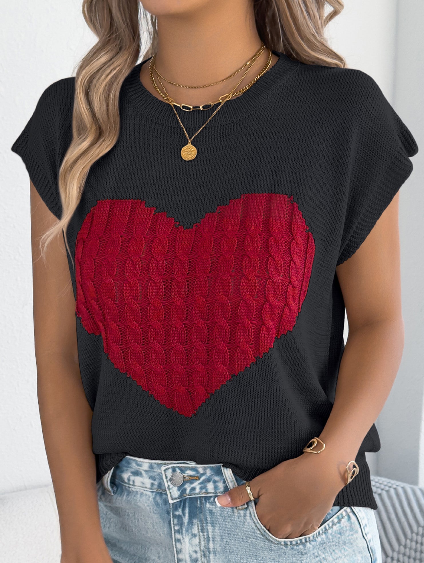 Contrast Heart Loose Knit Sweater