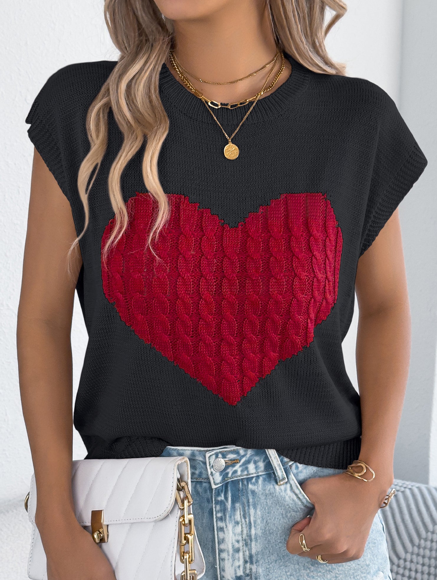 Contrast Heart Loose Knit Sweater