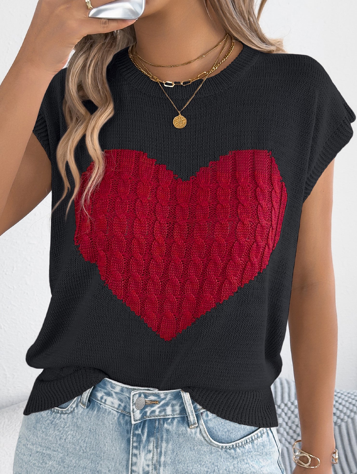 Contrast Heart Loose Knit Sweater