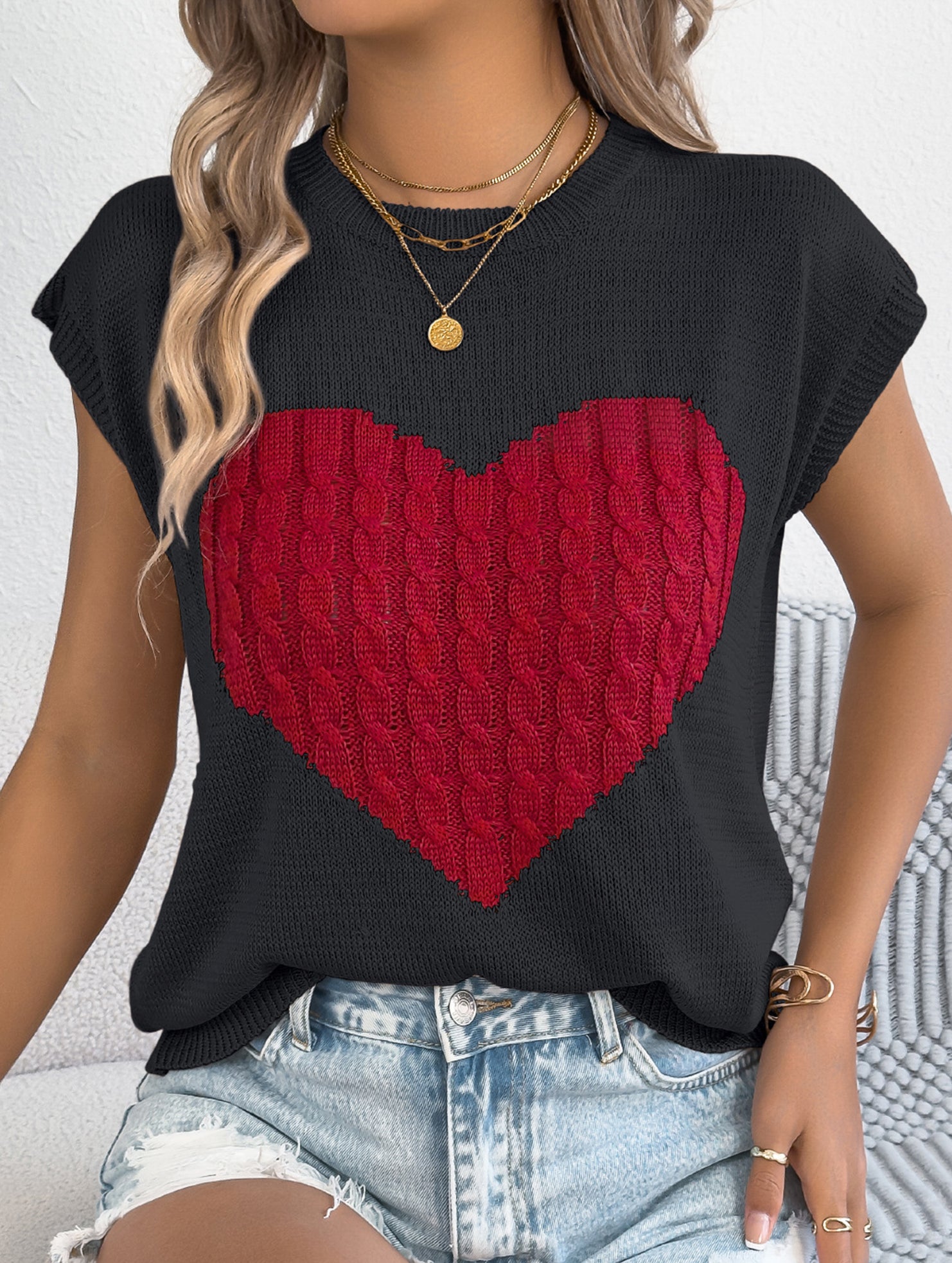 Contrast Heart Loose Knit Sweater