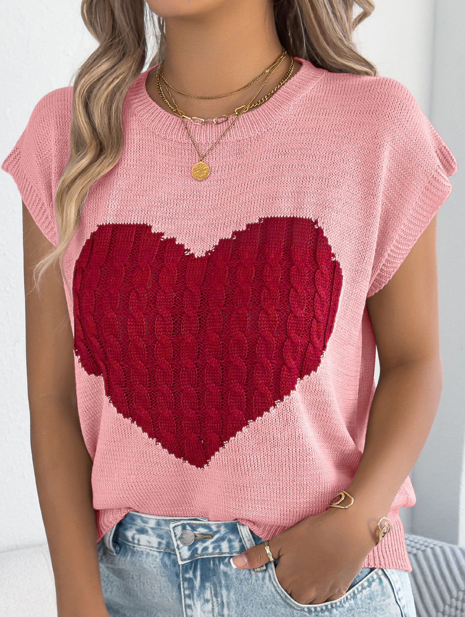 Contrast Heart Loose Knit Sweater