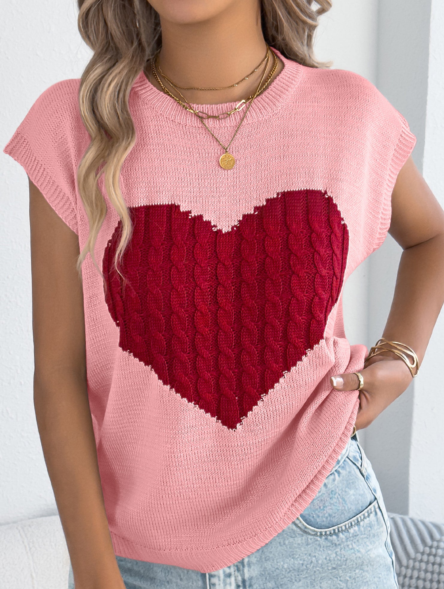 Contrast Heart Loose Knit Sweater