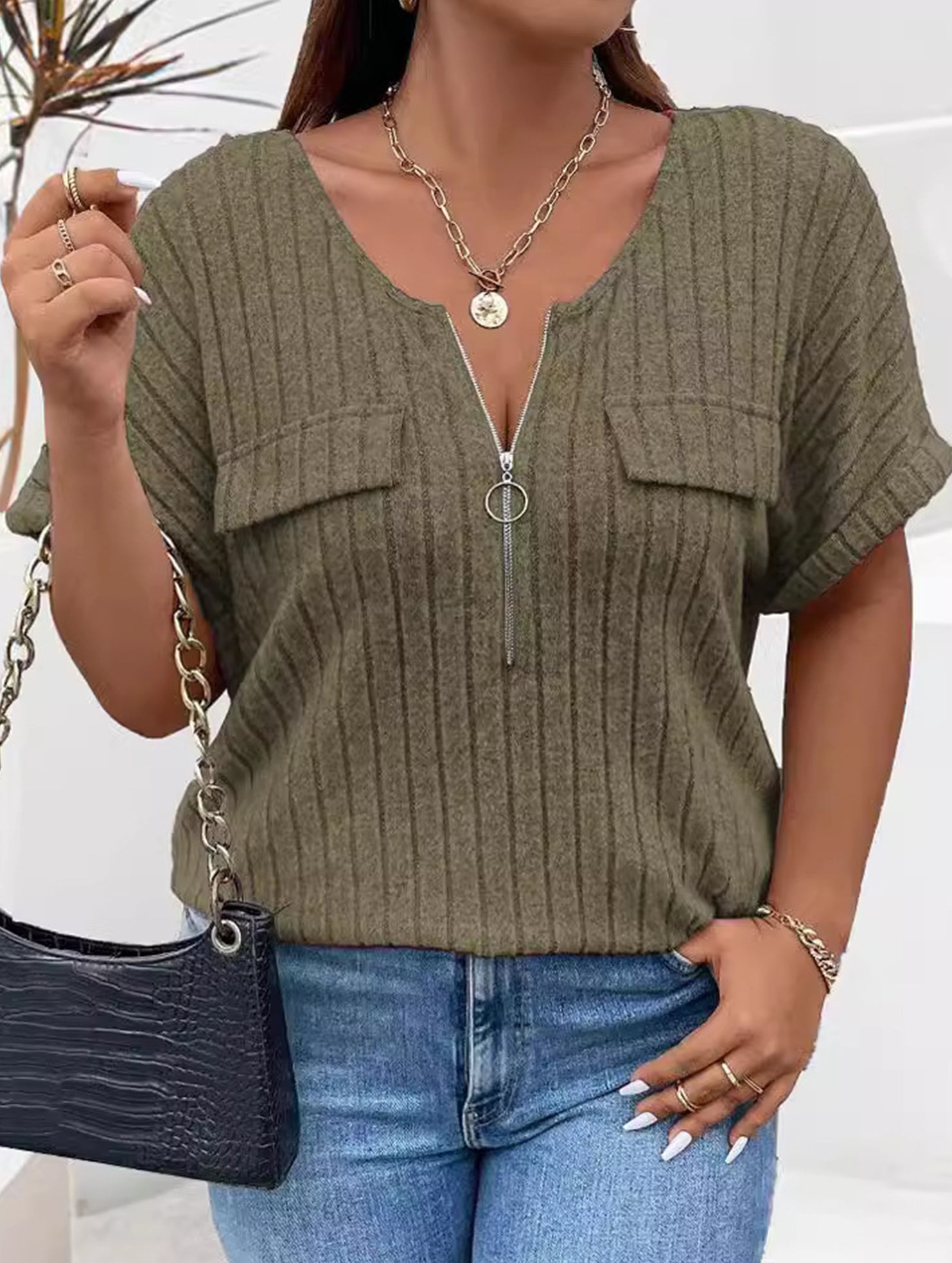 Plus Size Ribbed V Neck Knit Top