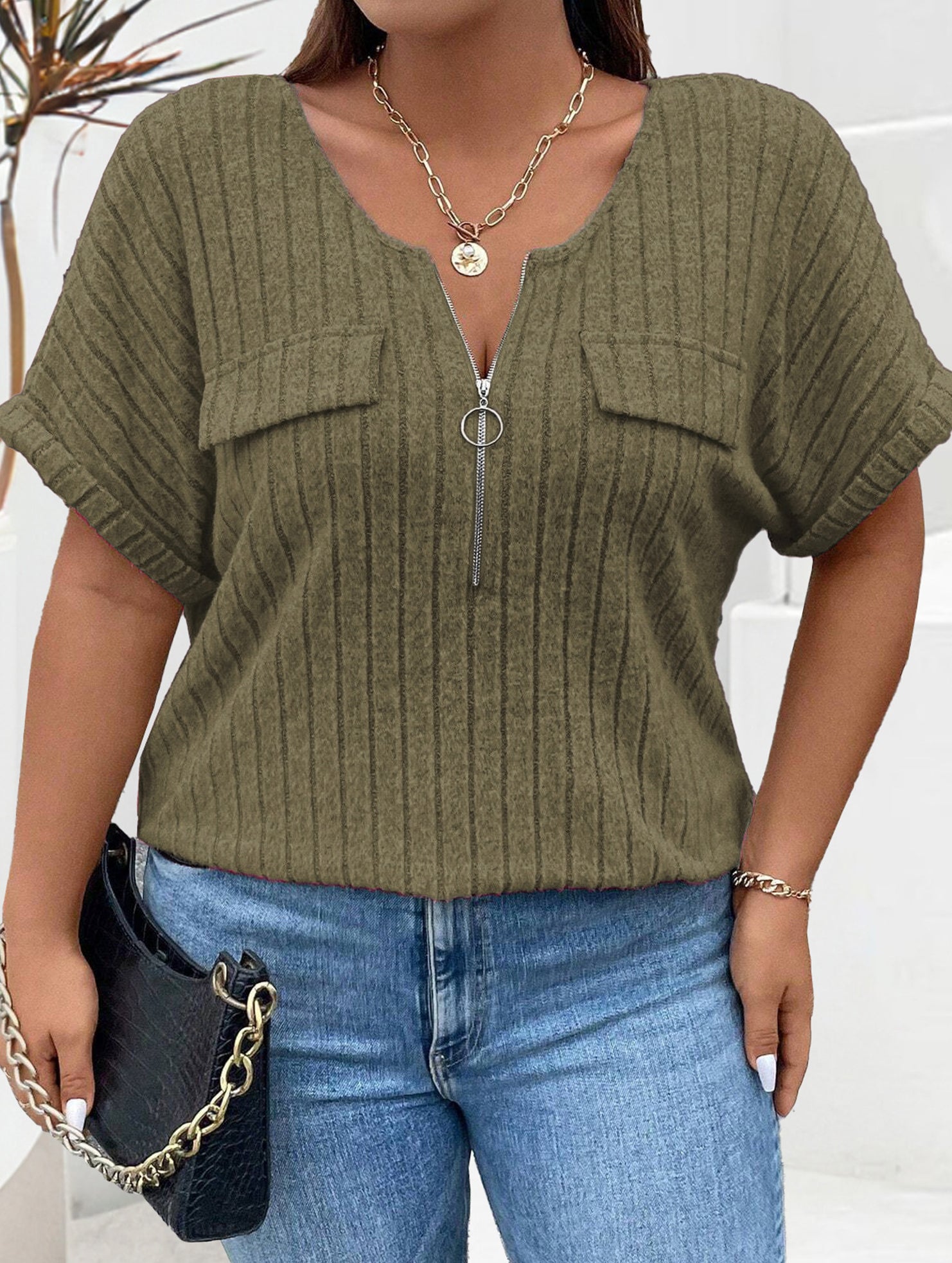 Plus Size Ribbed V Neck Knit Top