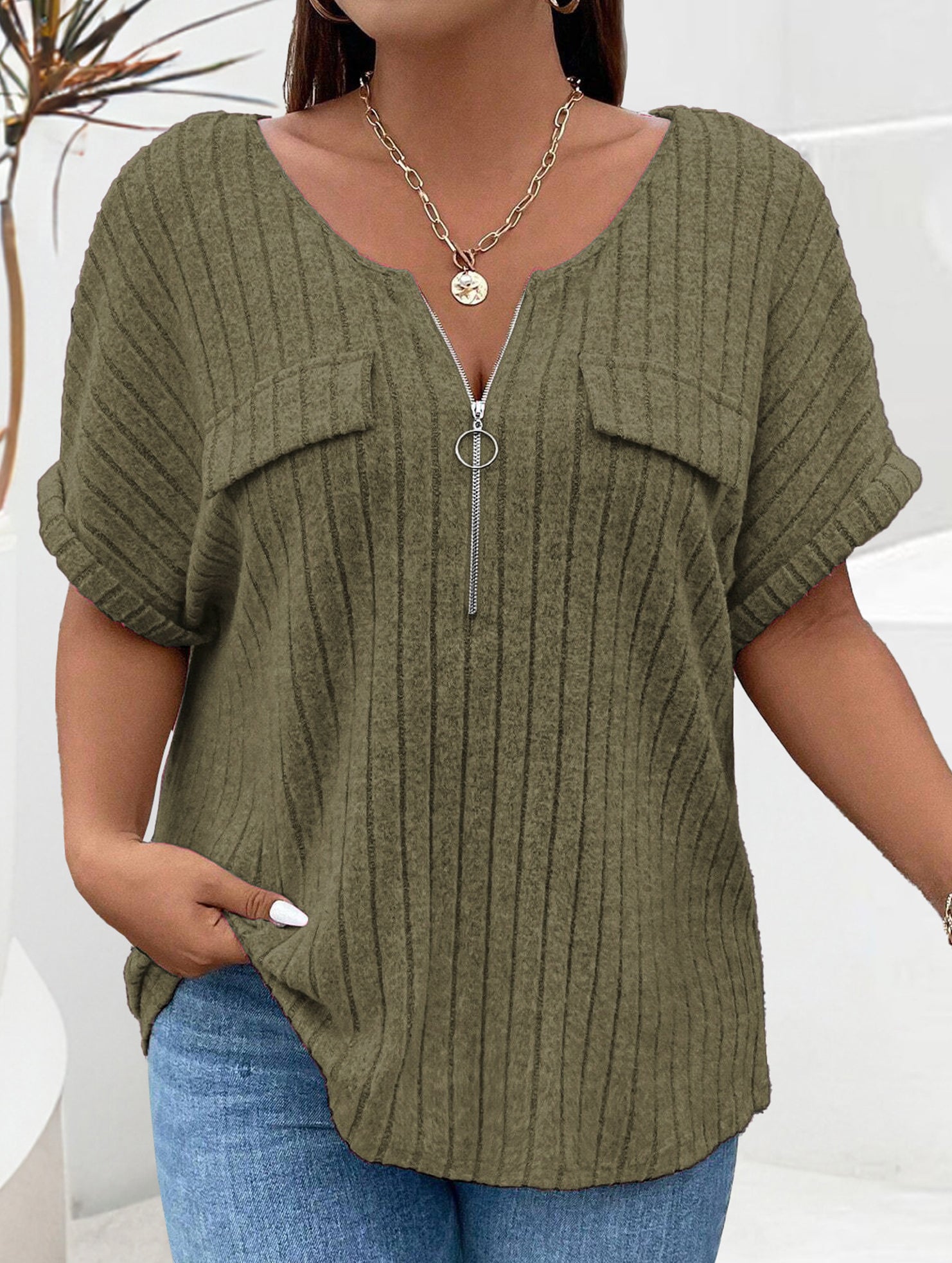 Plus Size Ribbed V Neck Knit Top