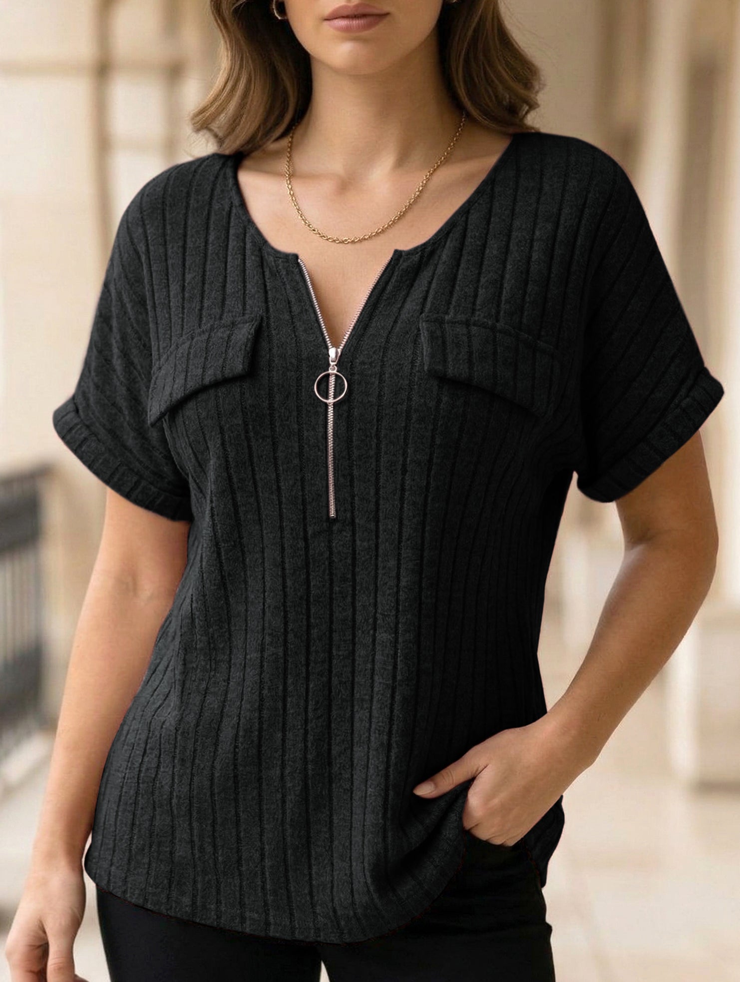 Plus Size Ribbed V Neck Knit Top