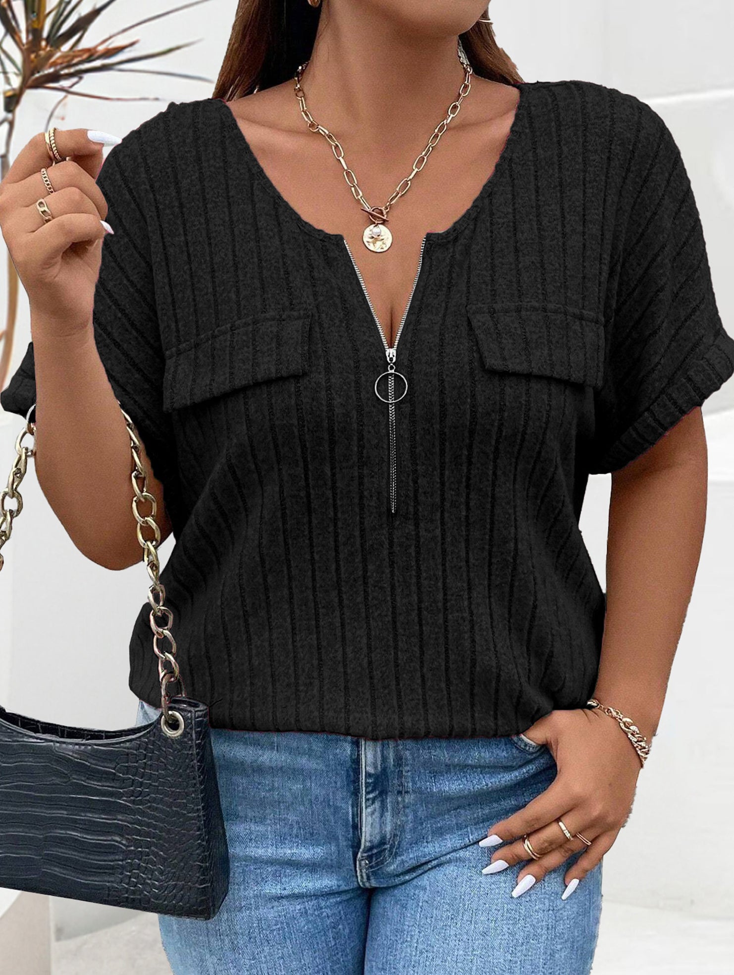 Plus Size Ribbed V Neck Knit Top