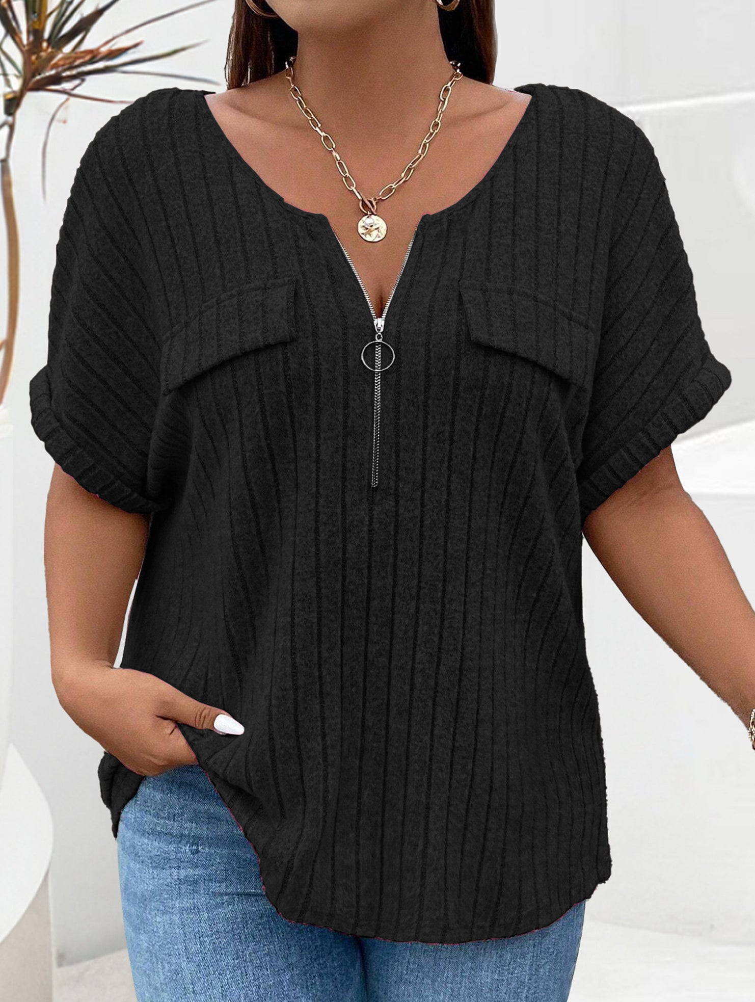 Plus Size Ribbed V Neck Knit Top