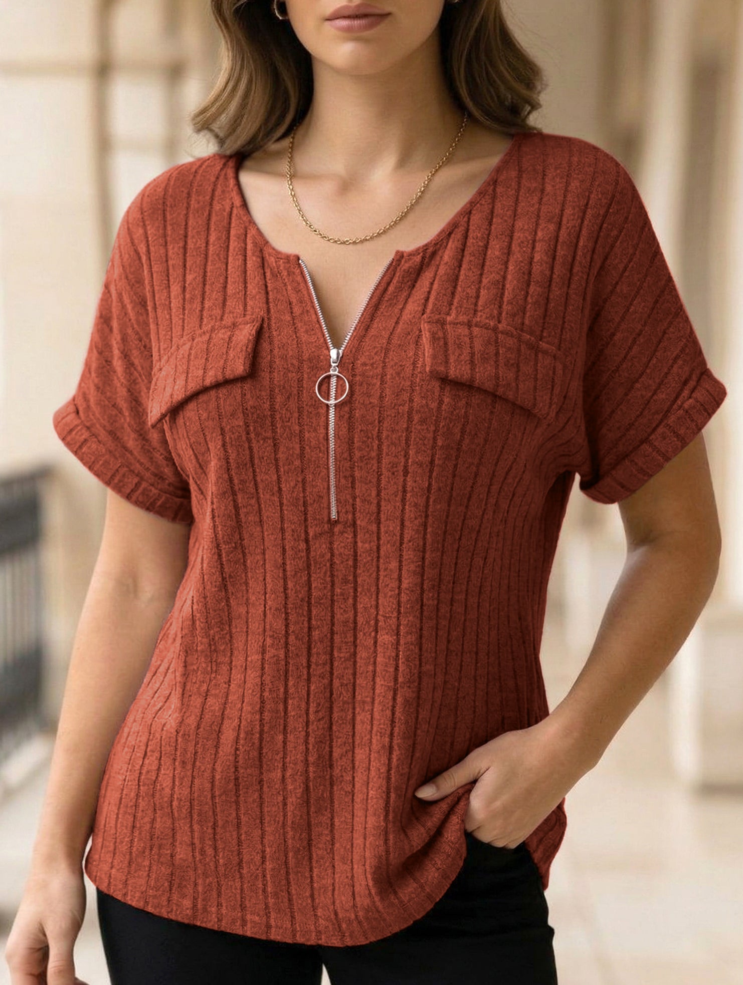 Plus Size Ribbed V Neck Knit Top