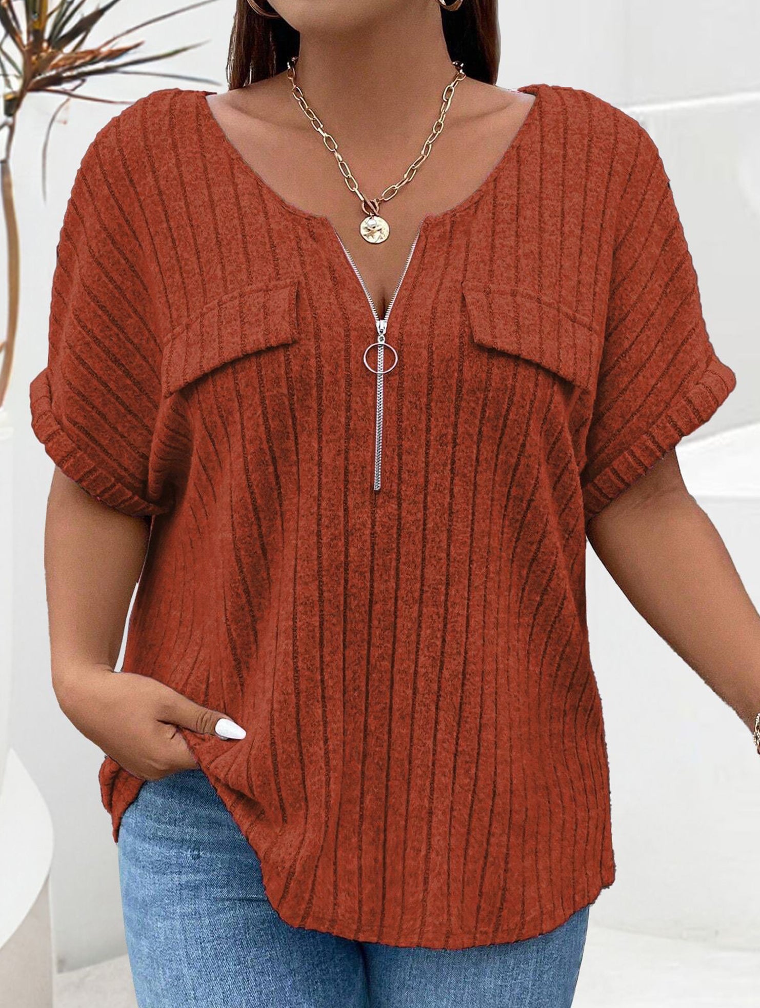 Plus Size Ribbed V Neck Knit Top