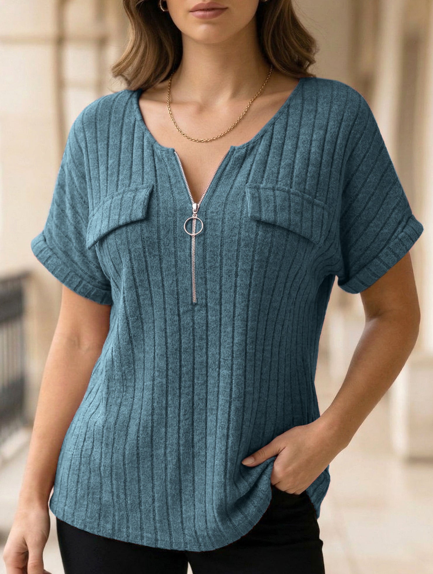 Plus Size Ribbed V Neck Knit Top