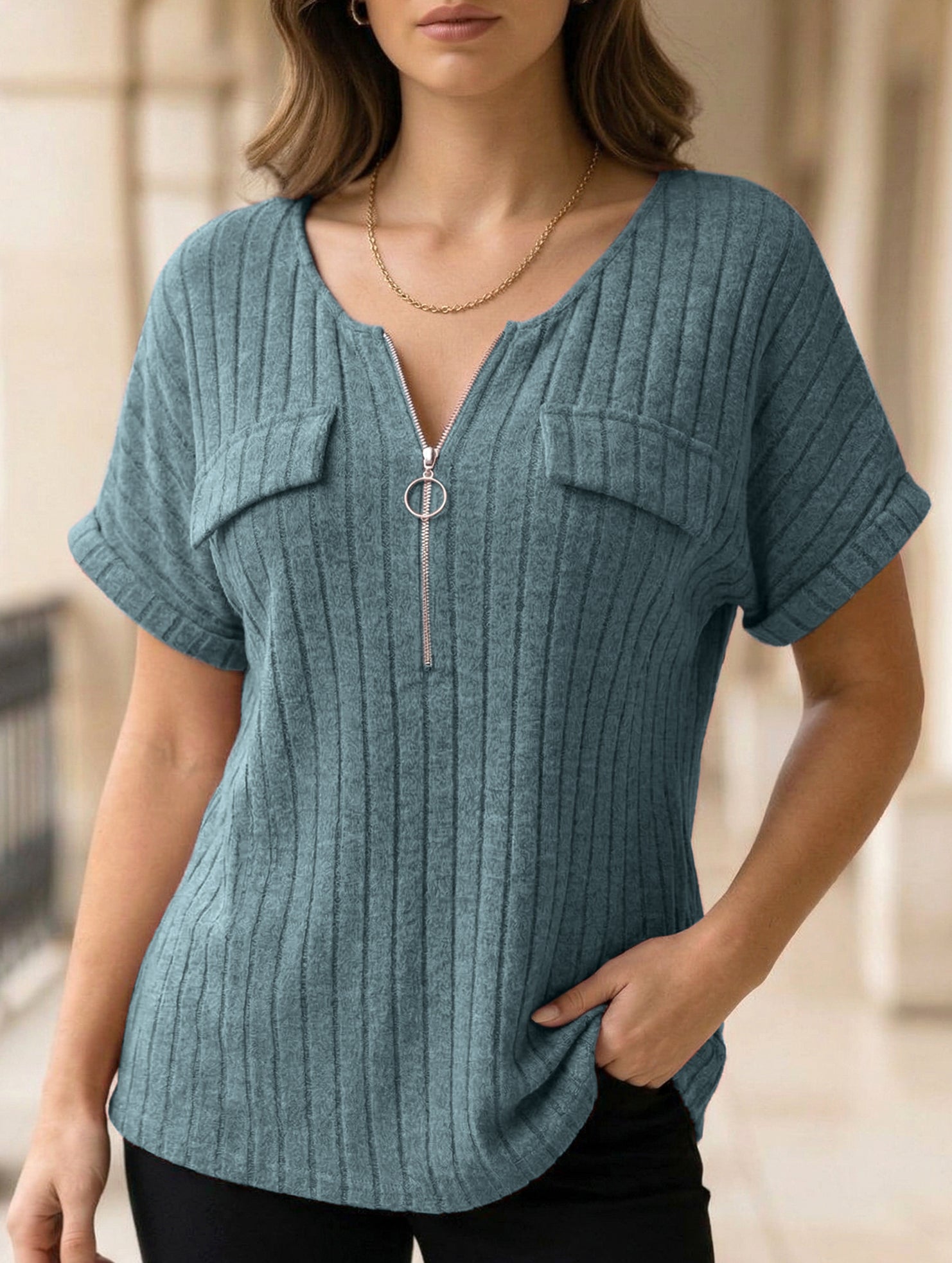 Plus Size Ribbed V Neck Knit Top