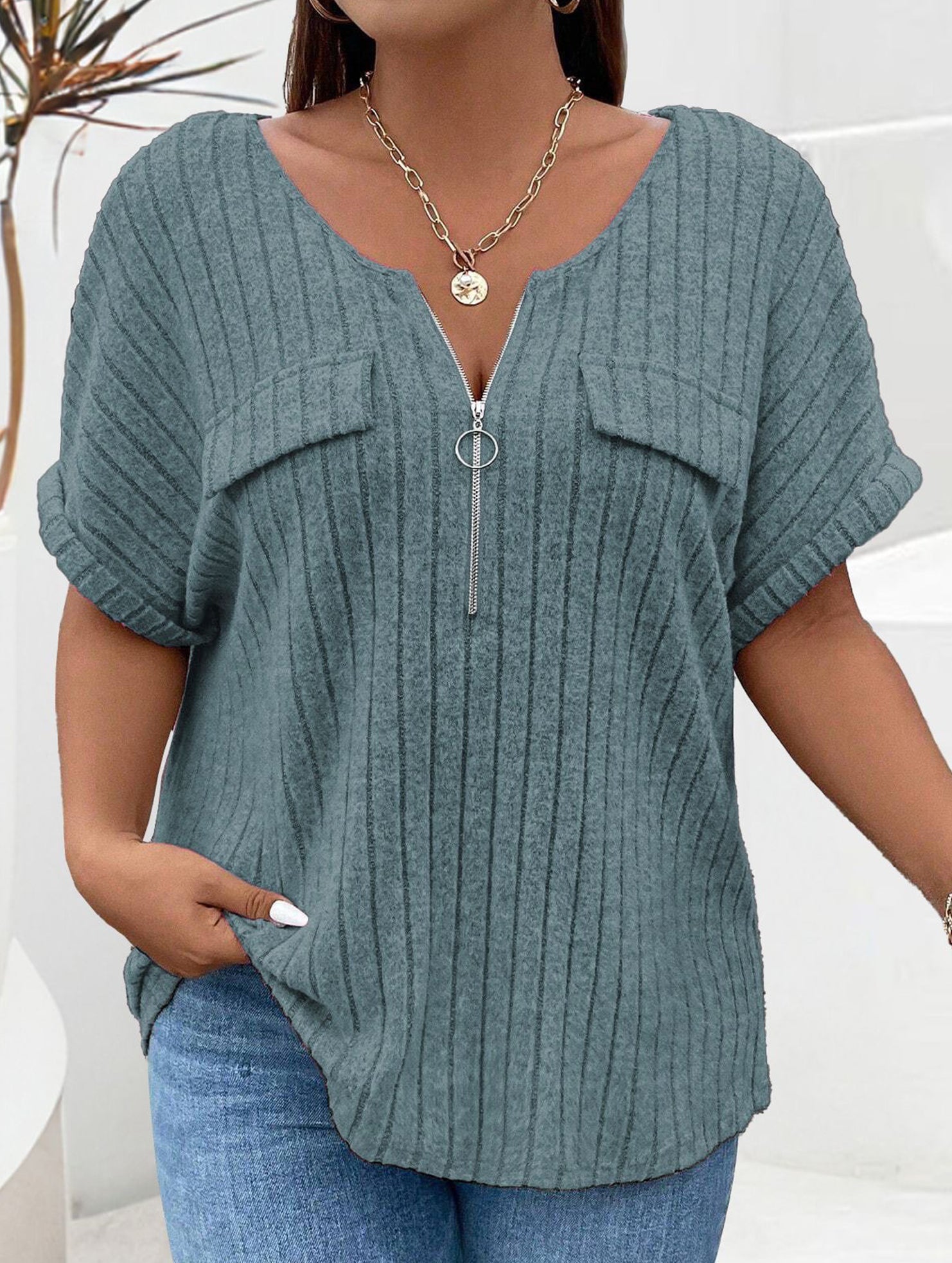 Plus Size Ribbed V Neck Knit Top