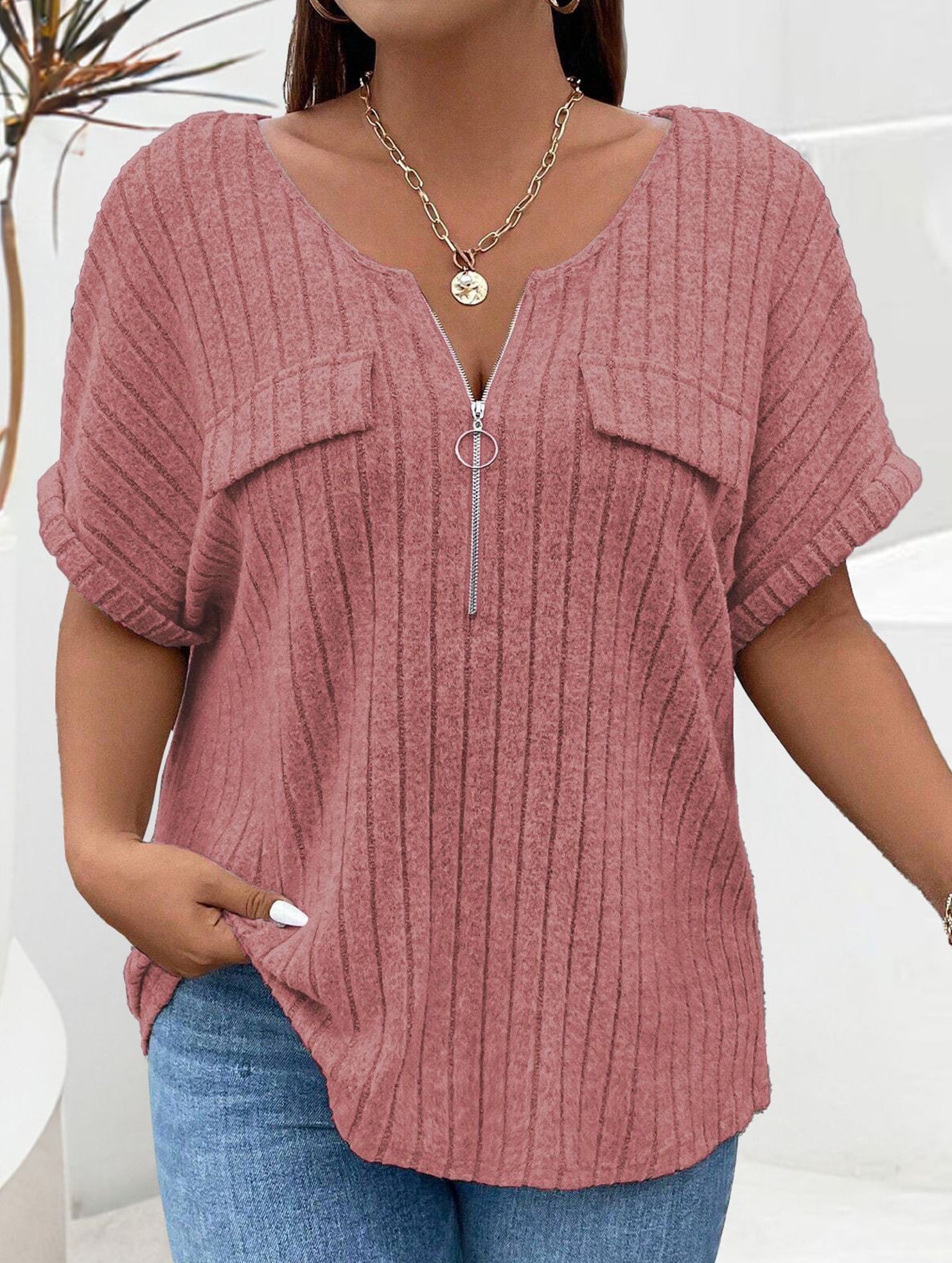Plus Size Ribbed V Neck Knit Top