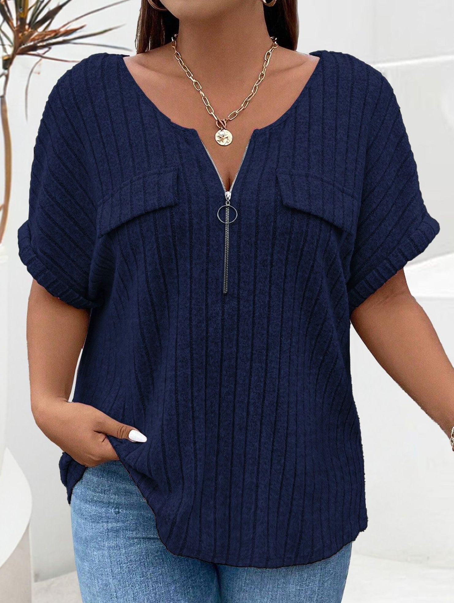 Plus Size Ribbed V Neck Knit Top