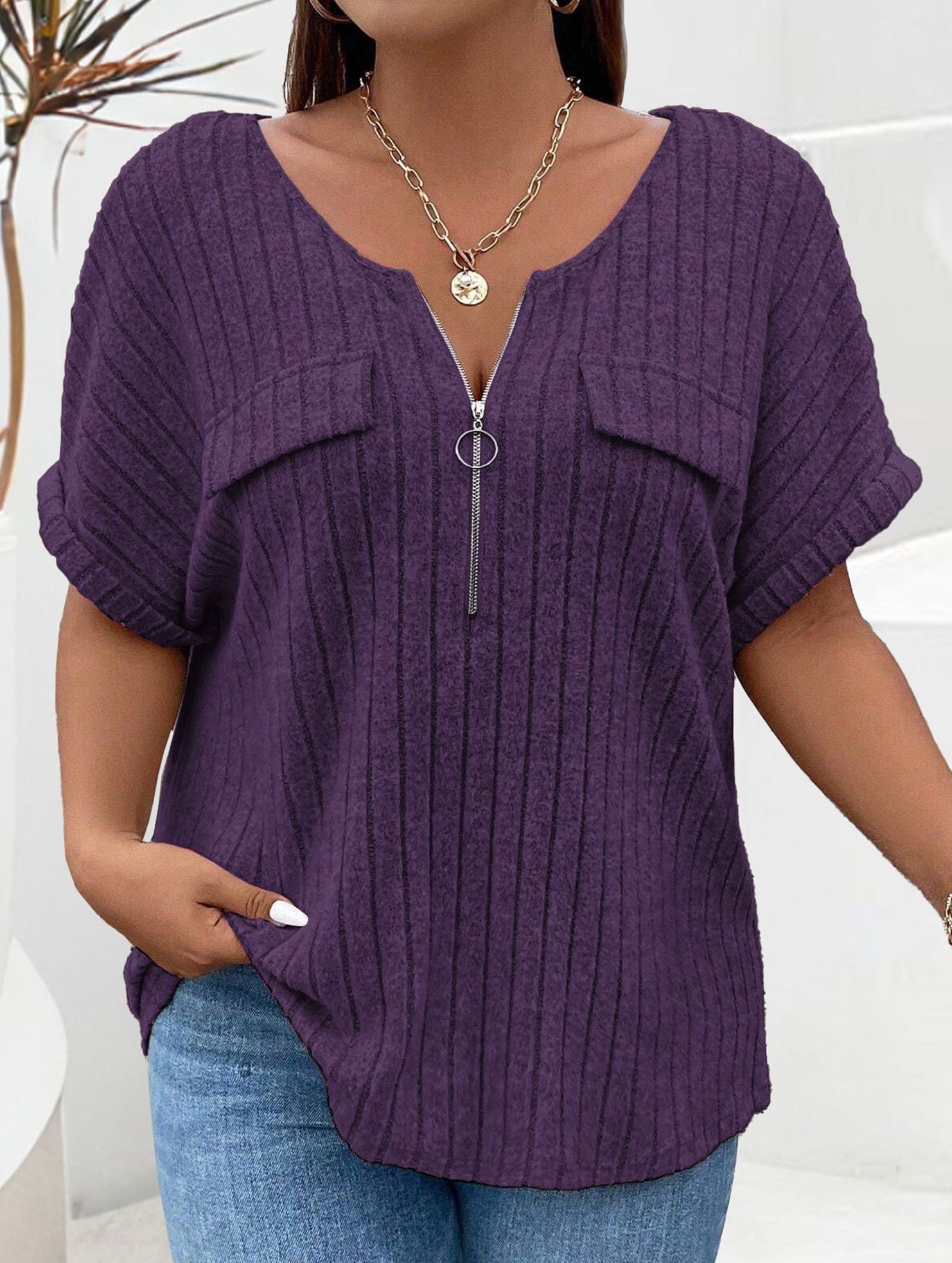 Plus Size Ribbed V Neck Knit Top