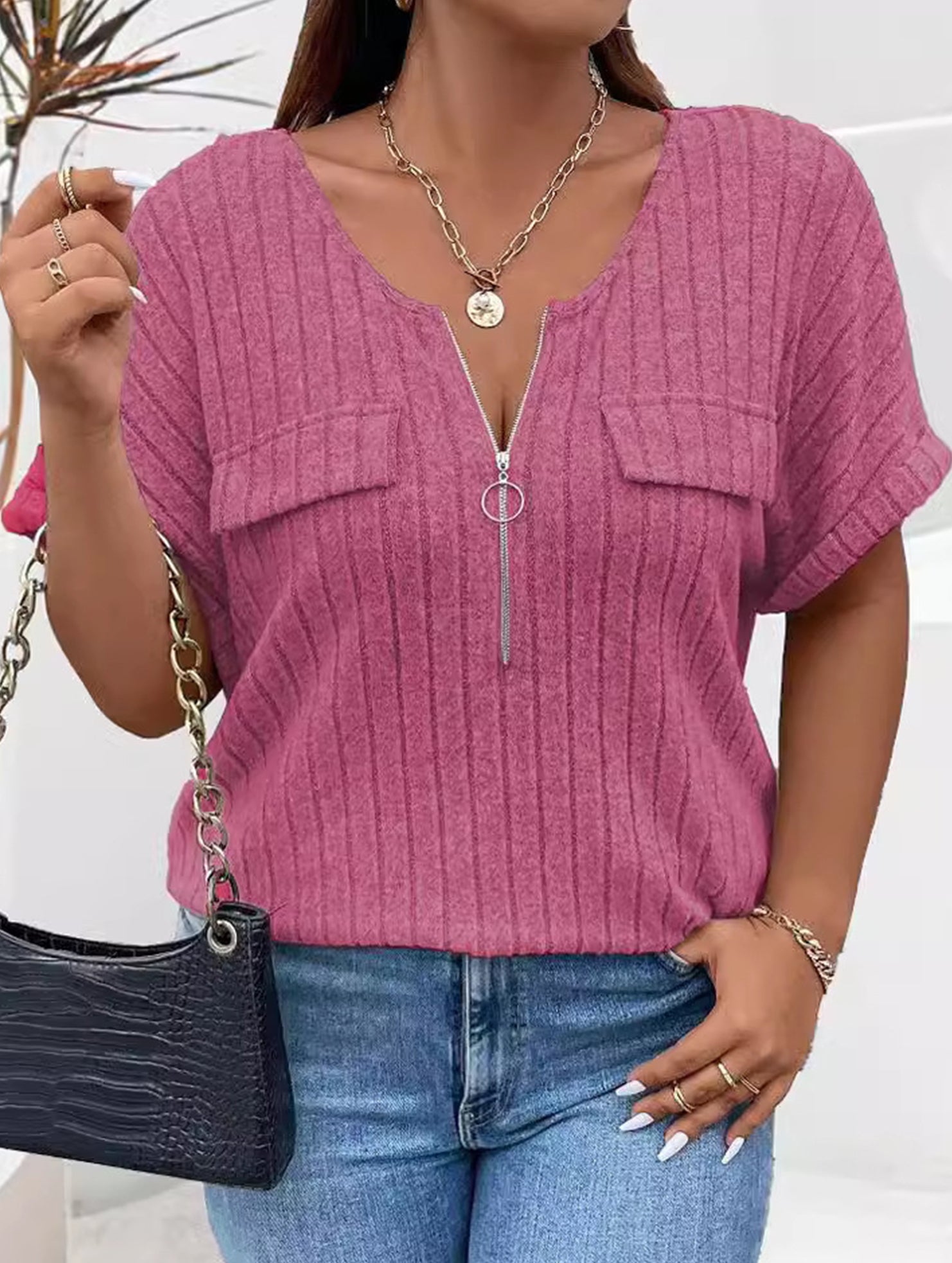 Plus Size Ribbed V Neck Knit Top