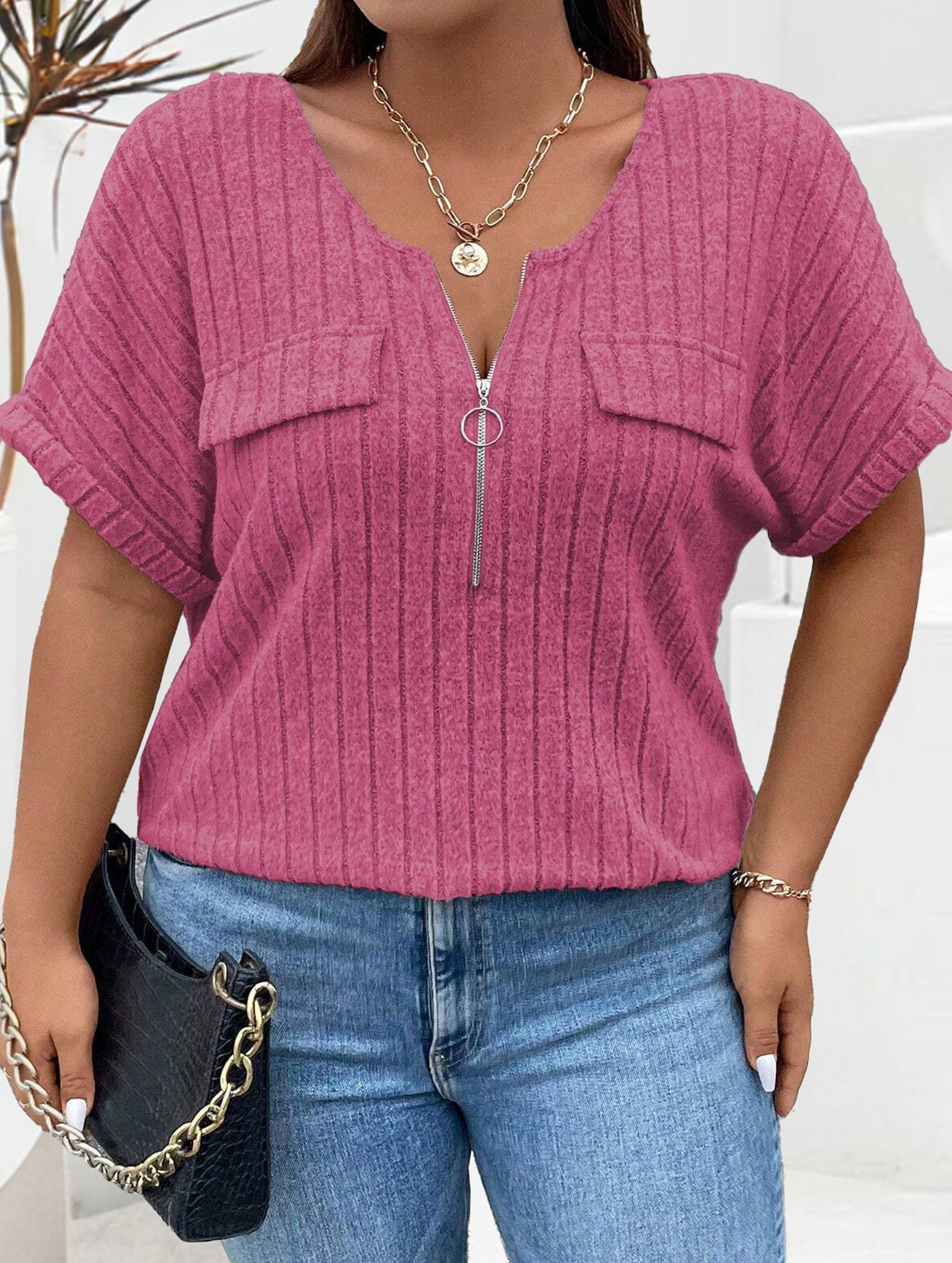 Plus Size Ribbed V Neck Knit Top