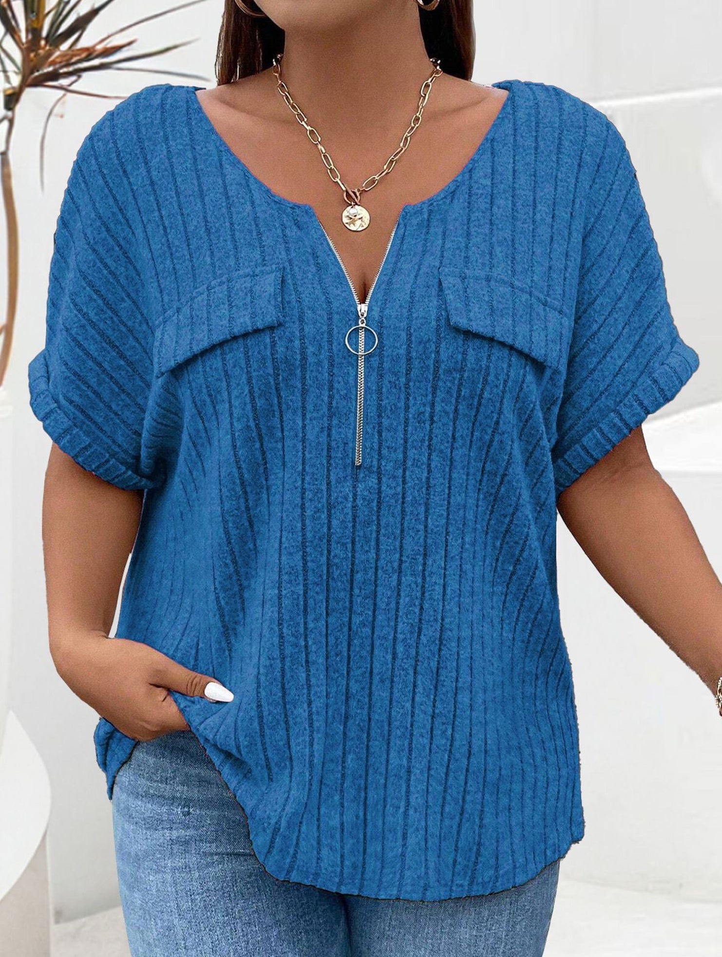 Plus Size Ribbed V Neck Knit Top