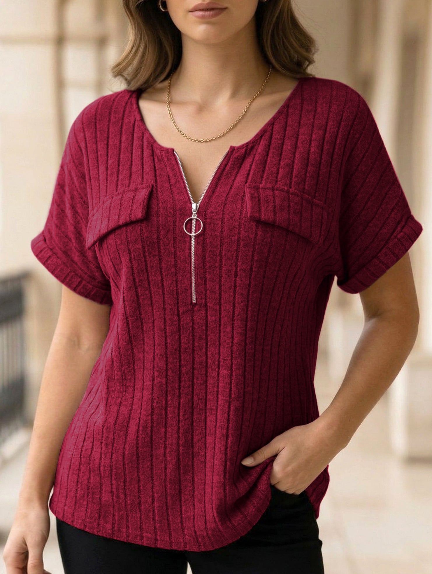 Plus Size Ribbed V Neck Knit Top