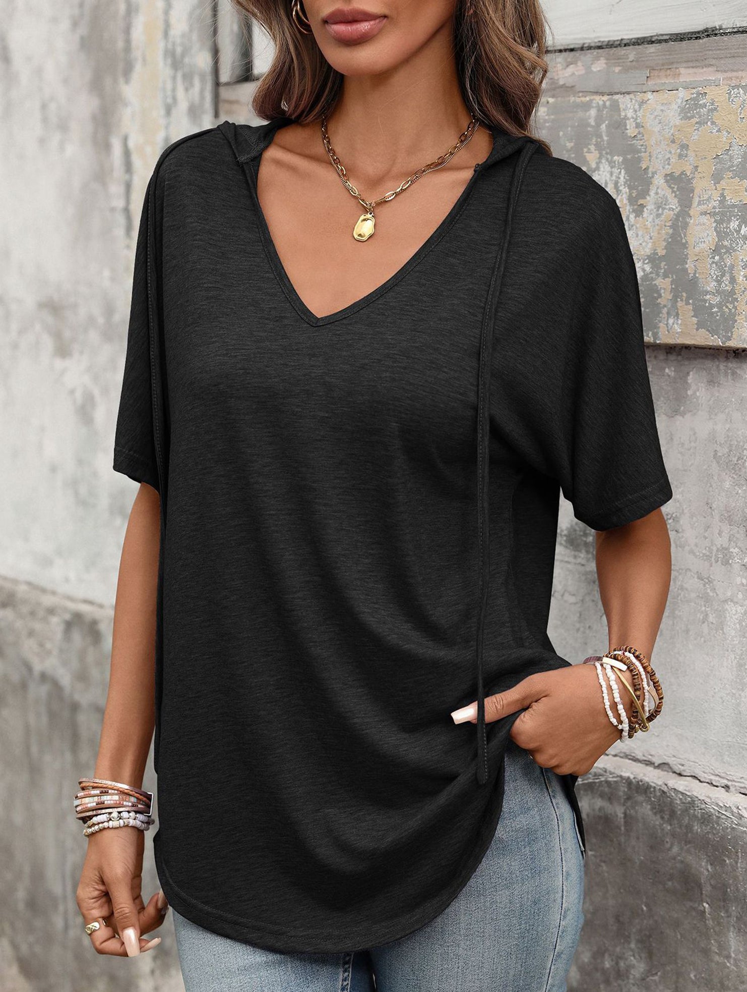 Solid V Neck Loose Short Sleeve Tee